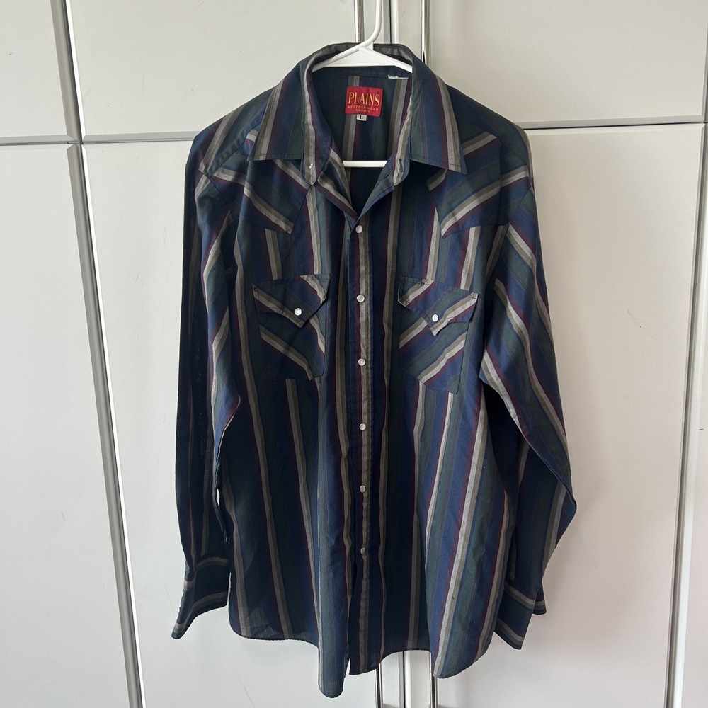 Plains Western Wear Mens Large Pearl Snap Shirt Blue Green Stripe Long Sleeve